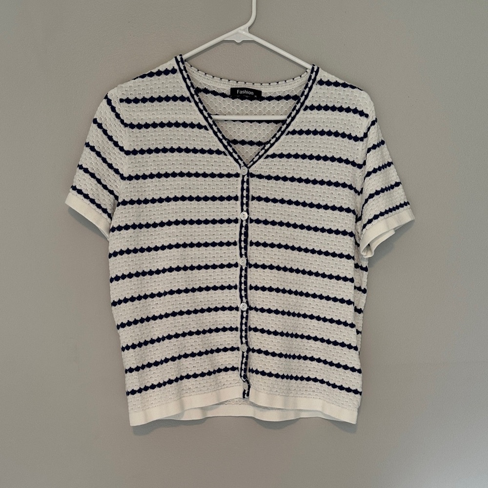 Striped Short-Sleeve Button Front Top - White & Navy
